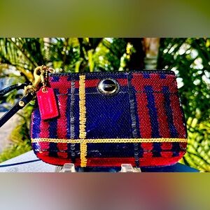 NWOT Coach Sequin Wristlet Tartan Plaid Leather trim